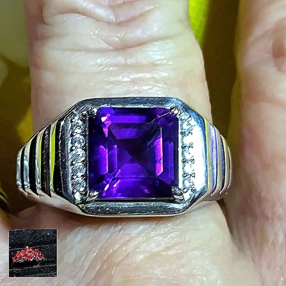 MEN'S- AFRICAN AMETHYST & WHITE TOPAZ ON THE SHOULDERS. RIBBED STERLING RING. 12 - Picture 4 of 16